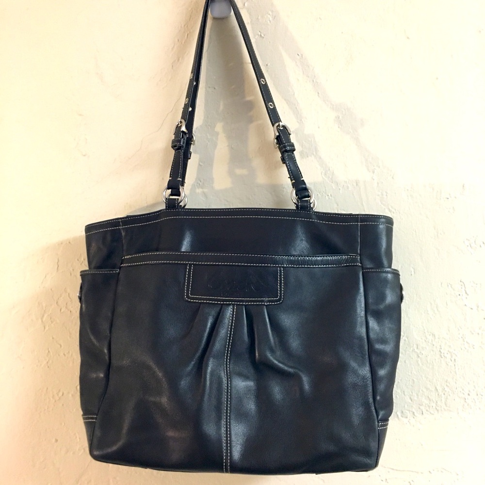 Vintage Coach Leather Shoulder Bag Tote Purse Black Dark Brown
